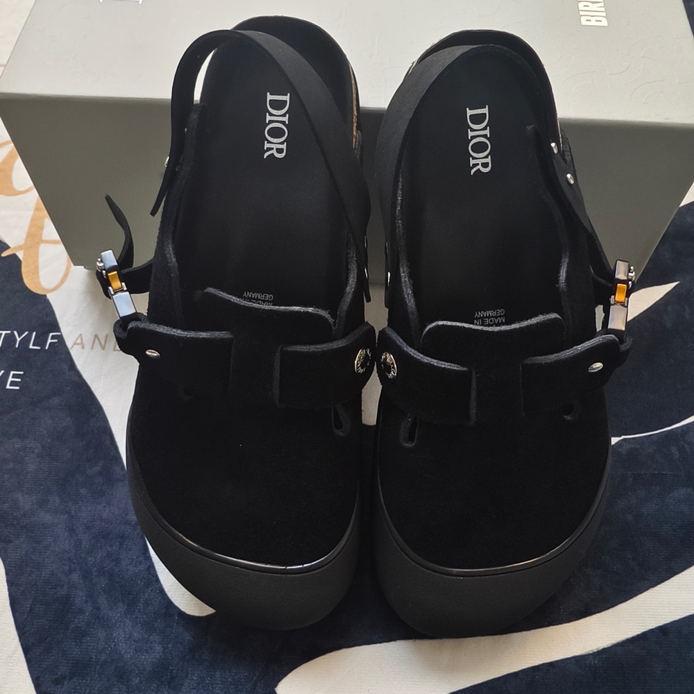 Dior Black Suede Platform Slingback Clogs with Metal Accents